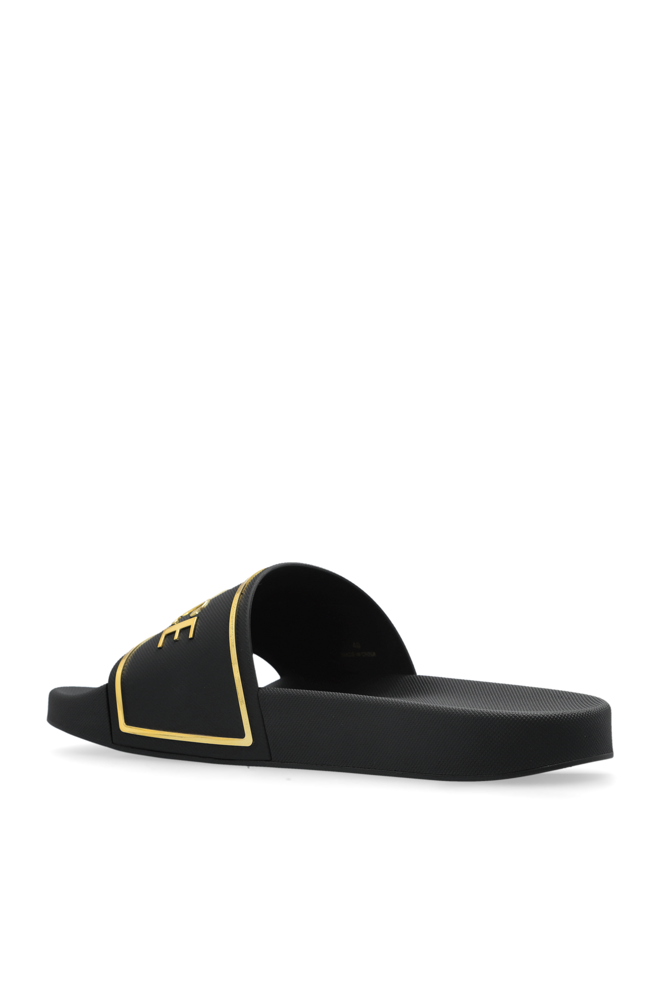 ヴェルサーチェ Rubber Slides ゴールドロゴ ブラック 男女兼用 Versace Black and Gold Slides with Lion Head Detail